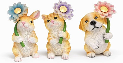 GoGnome Set of 3 Solar Animal Garden Lights – Resin Bunny, Cat & Dog Figurines with Warm LED Flower, Solar Powered Outdoor Décor for Garden, Patio, Yard, Balcony (Puppy/Kitten/Rabbit)