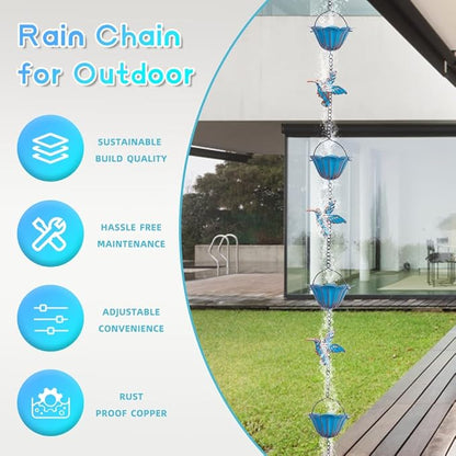 13.4FT Rain Chain, Hummingbird Rain Chains for Outside, Copper Rain Chain Bell with 12 Cups, Decorative Rain Catcher Chain Replacement Downspout for Gutters
