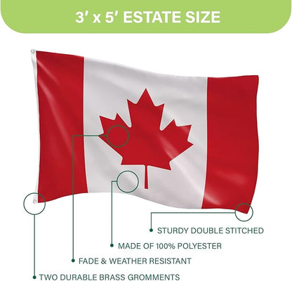 Evergreen Canadian Flag 3x5 Outdoor Double Sided, Canada Flags for Outside with Grommets, 3-Ply Banners for Garden Patio, Indoor Flags for Wall Decor, Works with Standard Estate Flag Poles