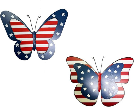 YUMBOR Set of 2 Rustic Metal Americana Butterfly Patriotic Wall Decor American Flag Hanging Ornaments 4th July Garden Yard Signs Independence Day Indoor Outdoor Wall Decorations