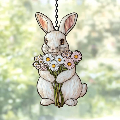 Whimsical Pastel Floral Bunny Mosaic Acrylic Suncatcher Stained Glass Effect Window Car Hanging Christmas Ornament Indoor Outdoor Decor Garden Sun Catcher Panel for Easter Lover for Women Mom Grandma