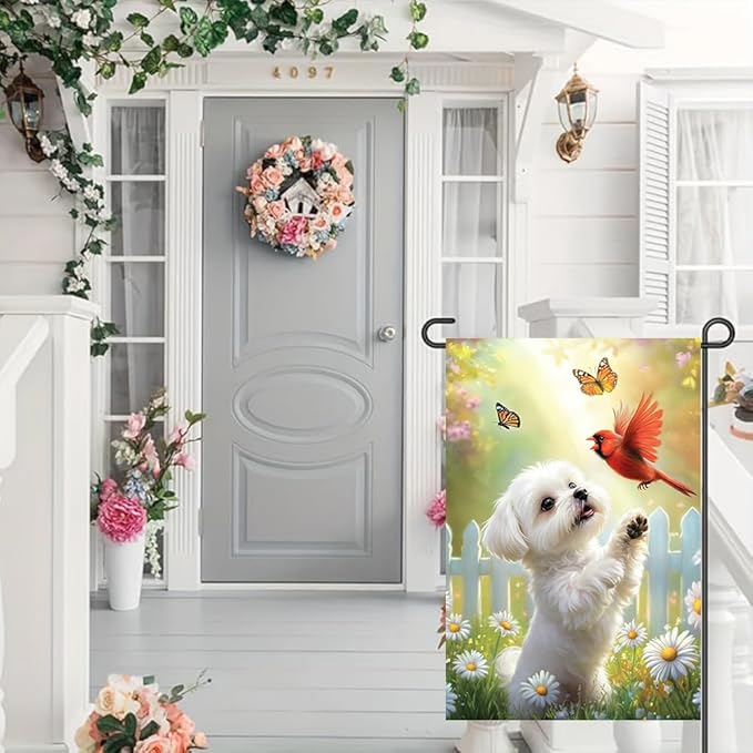 Spring Summer Maltese Dog Garden Flags 12x18 Double Sided, Small Burlap Seasonal Cardinal Floral Garden Flag Spring Summer Outdoor Yard Decorations for Outside Lawn Decor