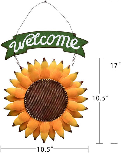Sunflower Welcome Sign Metal Hanging Welcome Plaque for Wall Front Door - Decorative Flower Yard Signs Spring Wreath Decor for Garden Porch Patio Backyard (F)