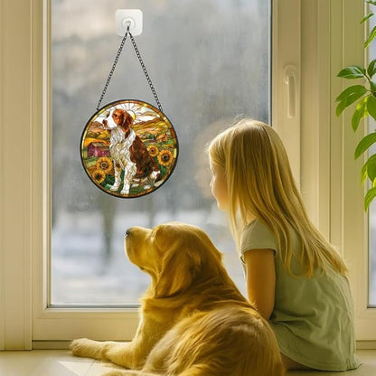 Stained Glass Window Hanging - Farm Dog & Sunflower Field 11.8in Sun Catchers Indoor Stained Glass Panels Wall Decor for Mom Wife Lovers Festive