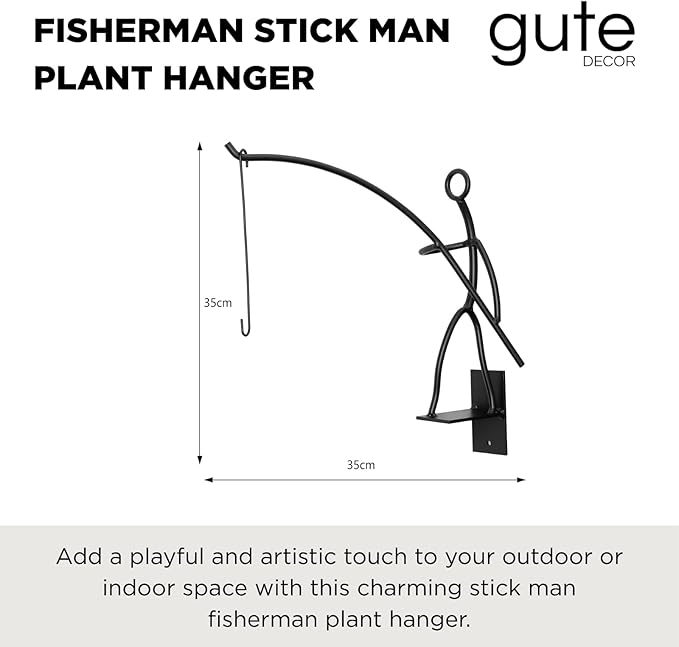 Gute Fisherman Stick Man Plant Hanger, Creative Wall Mount Metal Decor Plant Holder for Balcony Garden Porch - 14" Black