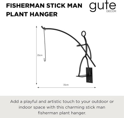 Gute Fisherman Stick Man Plant Hanger, Creative Wall Mount Metal Decor Plant Holder for Balcony Garden Porch - 14" Black