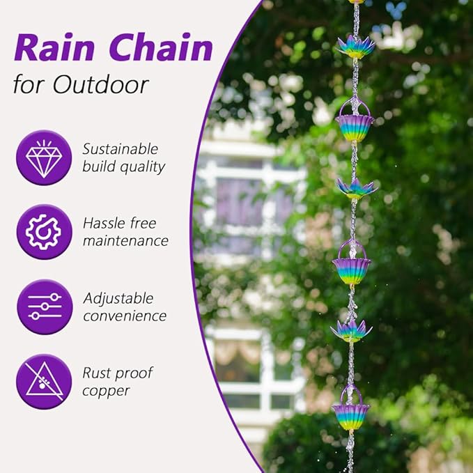9.97ft Lotus Rain Chain for Outside, Metal Rain Chain with 16 Cups, Adjustable Rain Catcher Chain for Outside, Replacement Downspout for Gutters, Eaves, Drainage