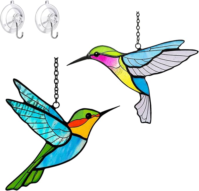 Set of 2 Hummingbird Stained Glass Suncatchers, Real Glass Window Hanging Decor, Handmade Tiffany Style Sun Catcher for Kitchen, Living Room, Garden, Gift Idea for Bird Lovers