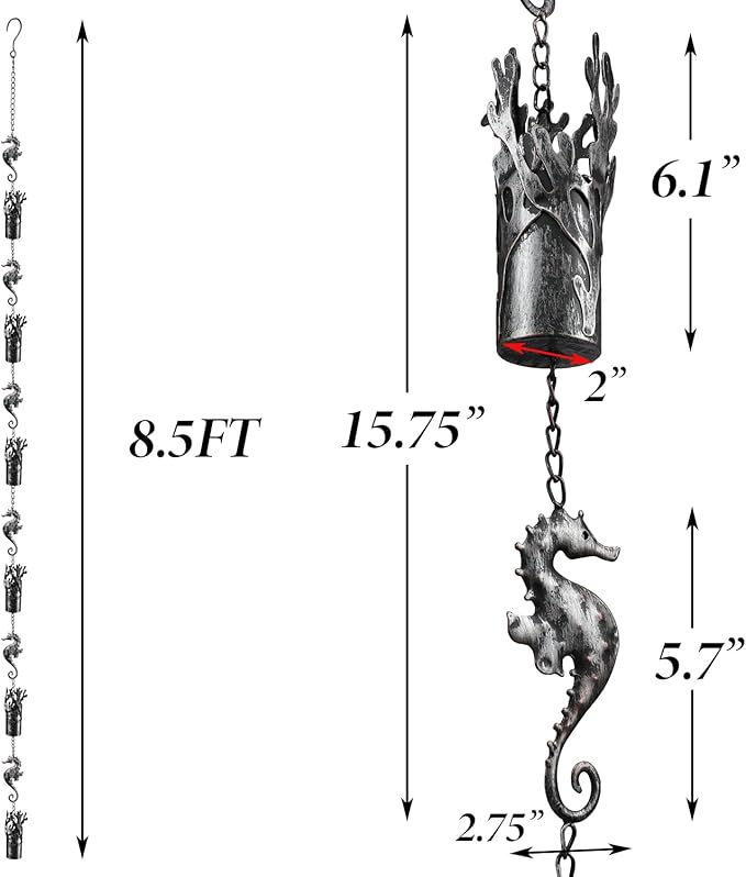 8.5 FT Rain Chains for Gutters, Ocean Themed Seahorse Rain Chain, Decorative and Functional Coral Cylinder Rain Catcher Chain for Downspouts, Metal Rain Chimes for Outside Garden Yard Decor
