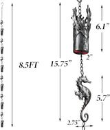8.5 FT Rain Chains for Gutters, Ocean Themed Seahorse Rain Chain, Decorative and Functional Coral Cylinder Rain Catcher Chain for Downspouts, Metal Rain Chimes for Outside Garden Yard Decor