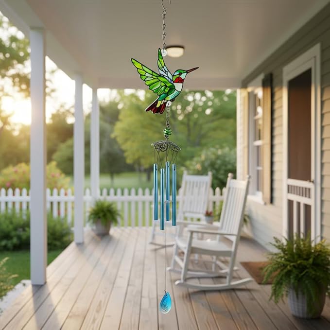 Wind Chimes for Outside, Green Stained Glass Hummingbird Wind Chime, Deep Tone Memorial Gifts for Women Mom Grandma, Durable Metal Garden Patio Yard Window Decoration
