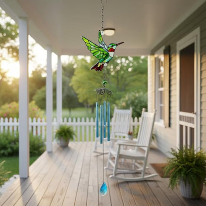Wind Chimes for Outside, Green Stained Glass Hummingbird Wind Chime, Deep Tone Memorial Gifts for Women Mom Grandma, Durable Metal Garden Patio Yard Window Decoration