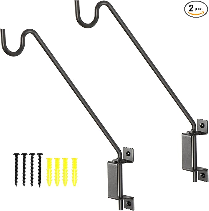 AILIN YELOKIE 16" 360° Swivel Deck Hook - Heavy Duty Solid Steel Plant Hanger, 12-Directional Adjustable Wall Bracket for Bird Feeders/Pole, Outdoor Plants & Wind Chimes, Black (2-Pack)