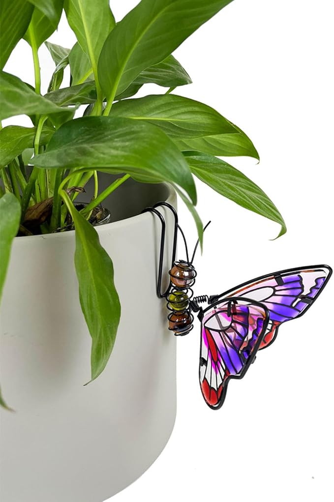 Metal Butterfly Flower Pot Huggers Dreamy Butterflies Planter Hanging Figurines with Color Beads Fill the Body 3.5 Inch Iron Insect Garden Art Sculptures Statues Hanger Ornaments for Yard Fence (C)