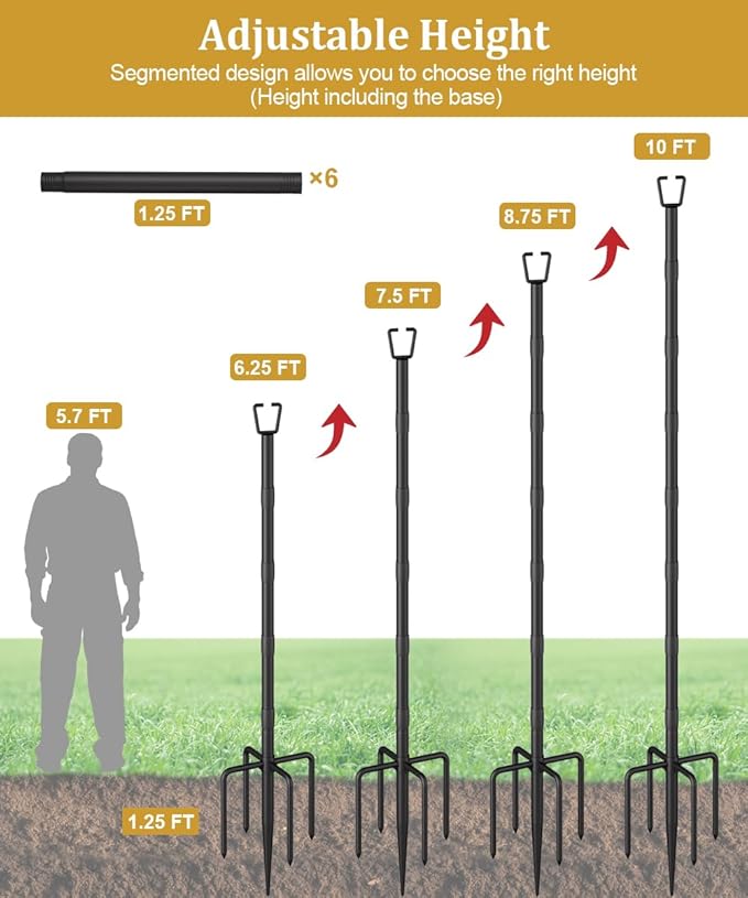 10FT String Light Poles for Outdoor Decor, Sturdy Light Pole with Fork, Adjustable Metal Posts for Outside Patio, Backyard, Deck, Garden, Party, Wedding