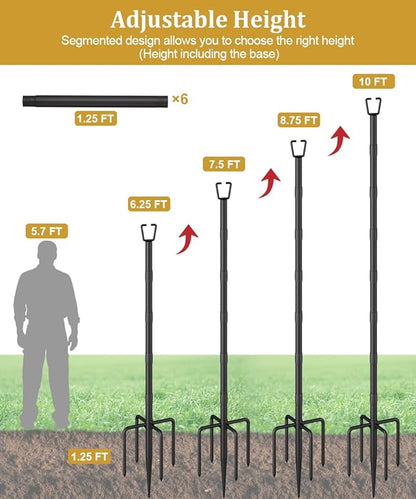 2 Pack 10FT String Light Poles for Outdoor Decor, Sturdy Light Pole with Fork, Adjustable Metal Posts for Outside Patio, Backyard, Deck, Garden, Party, Wedding