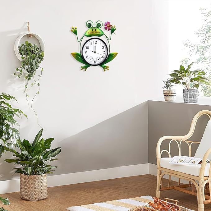 Outdoor Clock Silent Non-Ticking, Frog Outdoor Wall Clock with Thermometer & Humidity Decorative Outdoor Clocks for Patio, Garden, Home Decor