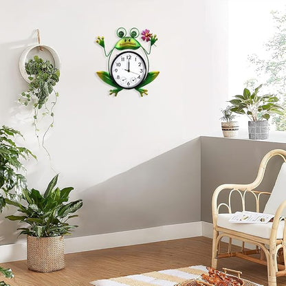 Outdoor Clock Silent Non-Ticking, Frog Outdoor Wall Clock with Thermometer & Humidity Decorative Outdoor Clocks for Patio, Garden, Home Decor