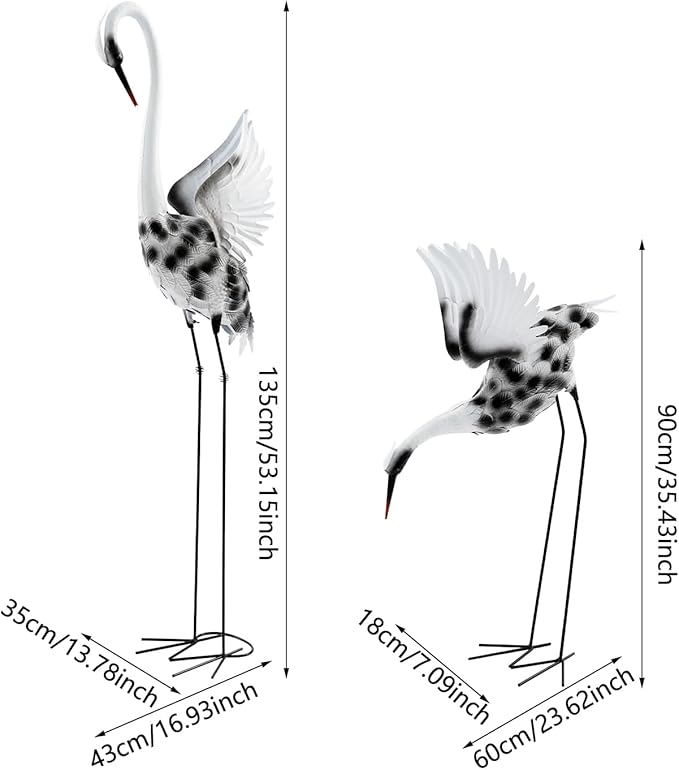 A Pair of Lifelike Crane Garden Statues, 53’’ & 35’’ Tall Metal and Wood Patina Heron Decor for Yard, Patio, Indoor Outdoor, Tall & Short Crane Sculptures