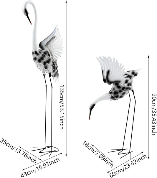 A Pair of Lifelike Crane Garden Statues, 53’’ & 35’’ Tall Metal and Wood Patina Heron Decor for Yard, Patio, Indoor Outdoor, Tall & Short Crane Sculptures