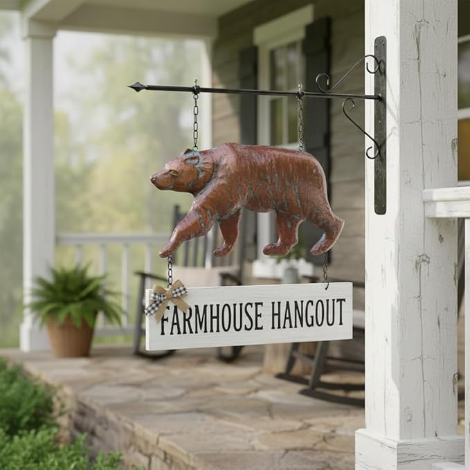 Bear Statue Outdoor Haning Decor for Yard and Garden,27“L x 22”H Vintage Grizzly Garden Statues and Sculptures with Arrow & Bracket,Antique Copper Walking Bear Metal Yard Art for Outside Porch