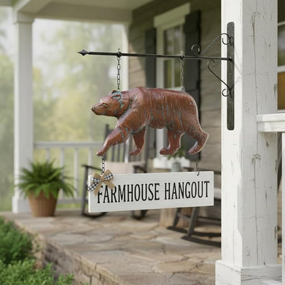 Bear Statue Outdoor Haning Decor for Yard and Garden,27“L x 22”H Vintage Grizzly Garden Statues and Sculptures with Arrow & Bracket,Antique Copper Walking Bear Metal Yard Art for Outside Porch
