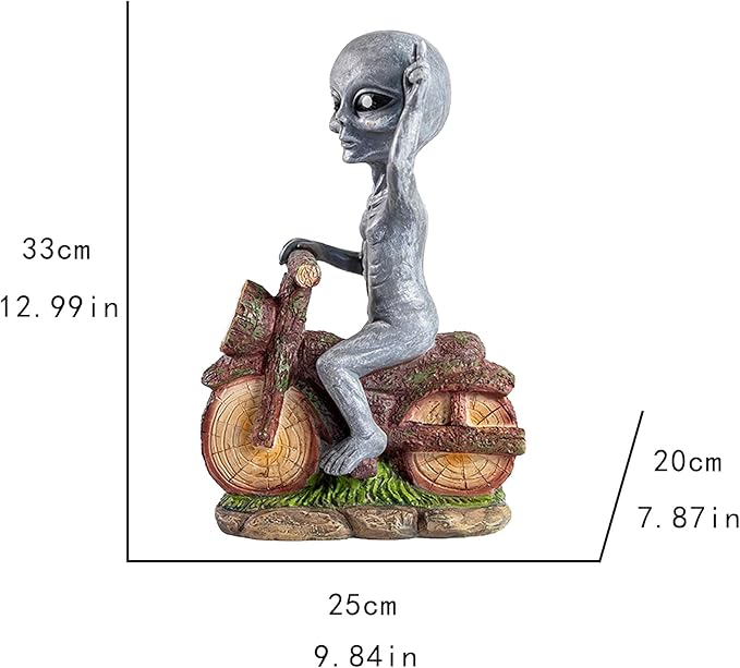12.99 Inches Solar - Powered Alien Motorcycle Outdoor Decorative Statue. Ideal for adorning courtyards, lawns, and Balconies. Unique Housewarming Gift for Yards