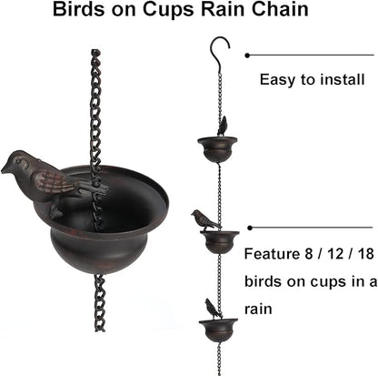 Jemeni 5.5 Feet Rain Chain with 8 Birds on Cups - Dark Bronze Metal Gutter Chain, Easy Install with Attached Hanger