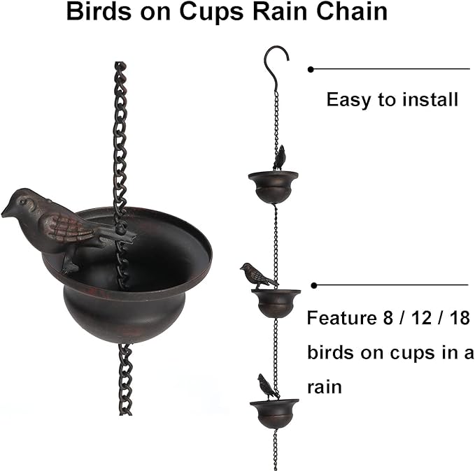 Jemeni 8.5 Feet Metal Bird Rain Chain, Decorative & Functional Rain Chains for Gutters for Patio/Garden, Dark Bronze