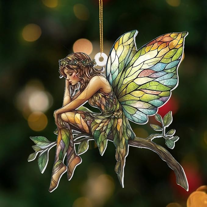 Stained Glass Fairy Ornament – Acrylic Suncatcher Window Hanging, Woodland Fantasy Decor, Christmas Tree Ornament 2026, Car Rearview Mirror Charm, Gift for Fairy Lovers, Women, Girls, Teachers(Sun-10)