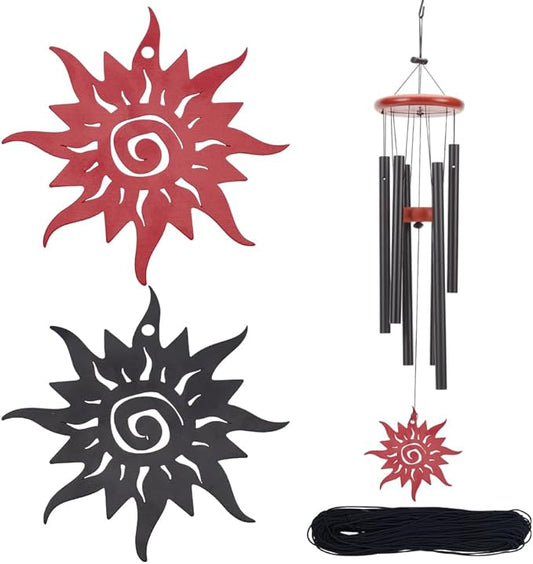 ORIGACH 2 Pcs Metal Replacement Wind Catcher, Wind Chime Parts Replacement with 16.4 FT Nylon Cord, Metal Wind Chime Replacement Sail for Sympathy Wind Chimes, Sun, Black and Red