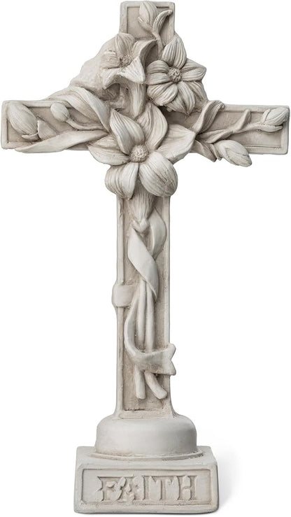 Glitzhome Holy Cross with Lily Garden Statue MGO Outdoor Decoration, 13.75" H, Ash Gray