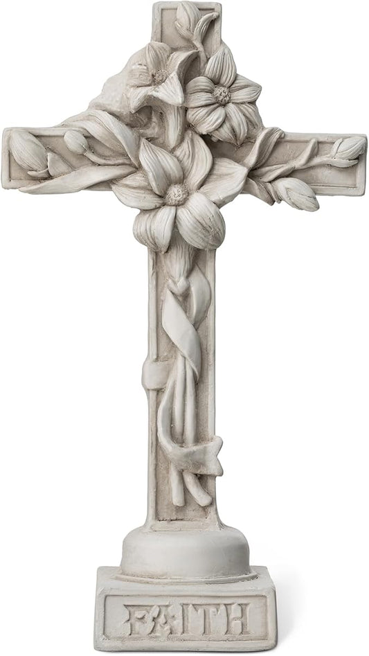 Glitzhome Holy Cross with Lily Garden Statue MGO Outdoor Decoration, 13.75" H, Ash Gray