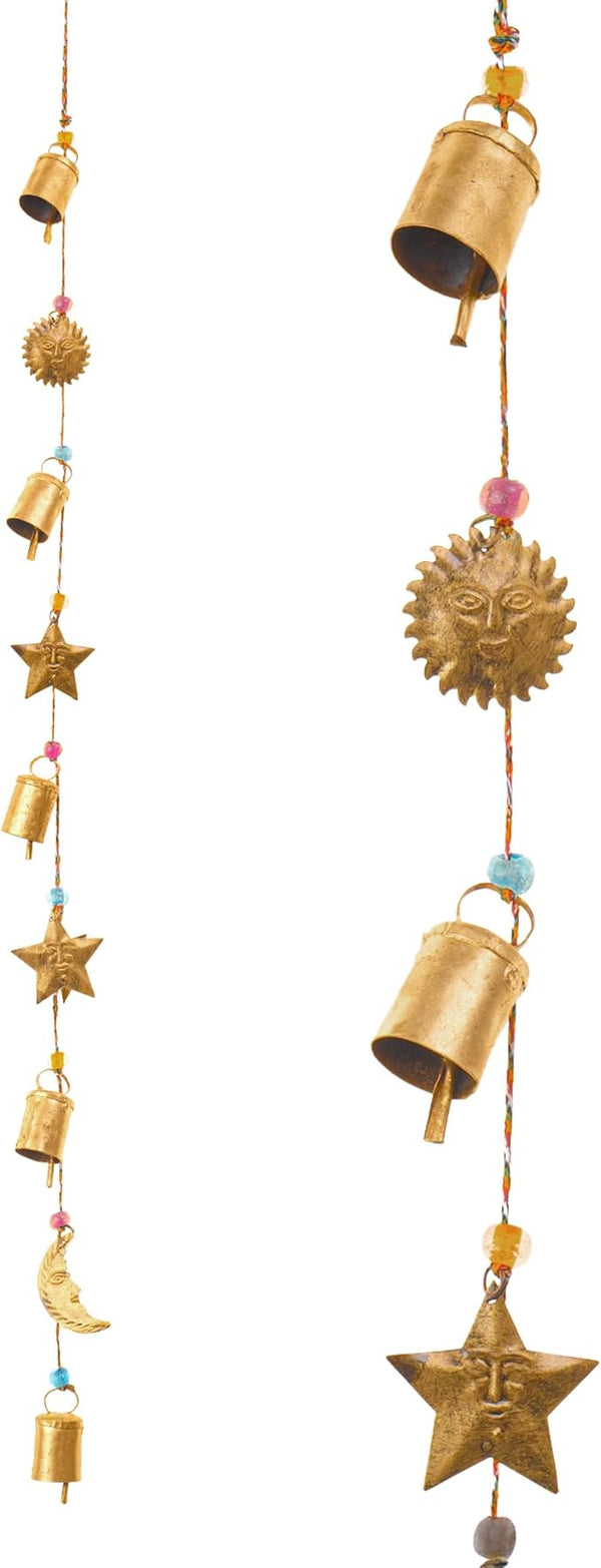 Rustic Vintage Bell for Home Wall Décor Decoration Garden - 5 Handmade Bells Sun Star Moon in a String with Beads Wind Chime Bell Chime Cow Cat Cattle Bells Gifting (Sun Star and Moon)