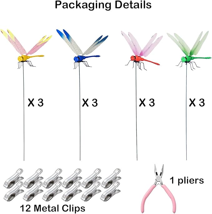 Jongdari 12 Sets Dragonfly Hat Clip Realistic Fake Dragonflies Clip-On Garden Outdoor Decor Stakes Plastic Dragon Fly Clips Plant Decorations for Pots, Includes Pliers & Clips