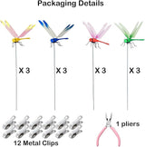 Jongdari 12 Sets Dragonfly Hat Clip Realistic Fake Dragonflies Clip-On Garden Outdoor Decor Stakes Plastic Dragon Fly Clips Plant Decorations for Pots, Includes Pliers & Clips