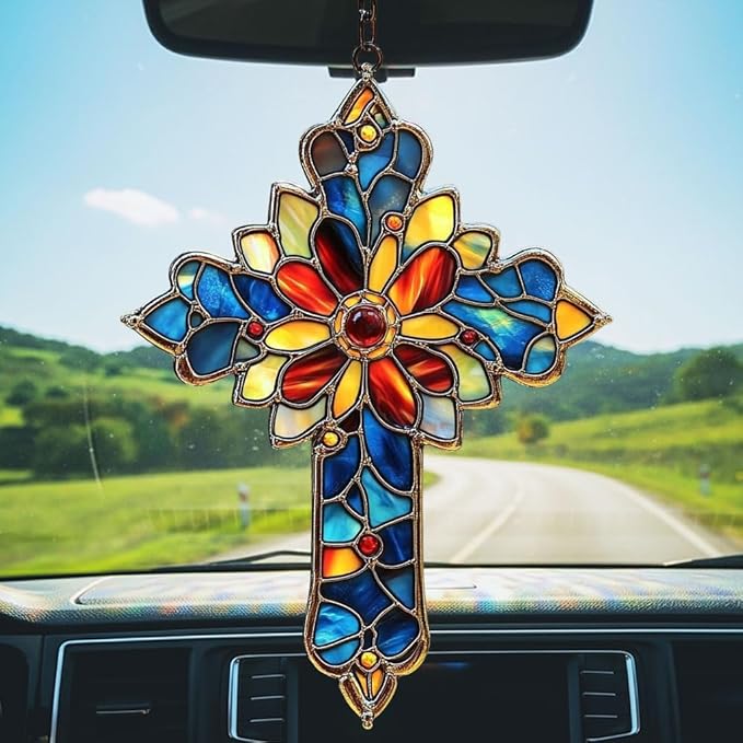 Mosaic Style Cross Acrylic Suncatcher Stained Glass Effect Window Car Hanging Christmas Ornament Indoor Outdoor Decor Garden Memorial Sun Catcher for Family Christmas Jesus Gift for Women Mom Grandma