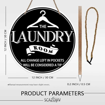 Laundry Room All Change Left In Pockets Will Be Considered A Tip Black Round Rustic Wood Sign Plaque Vintage Wall Art Cute Wooden Hanging Sign Decor for Home Farmhouse Bathroom 12 Inch