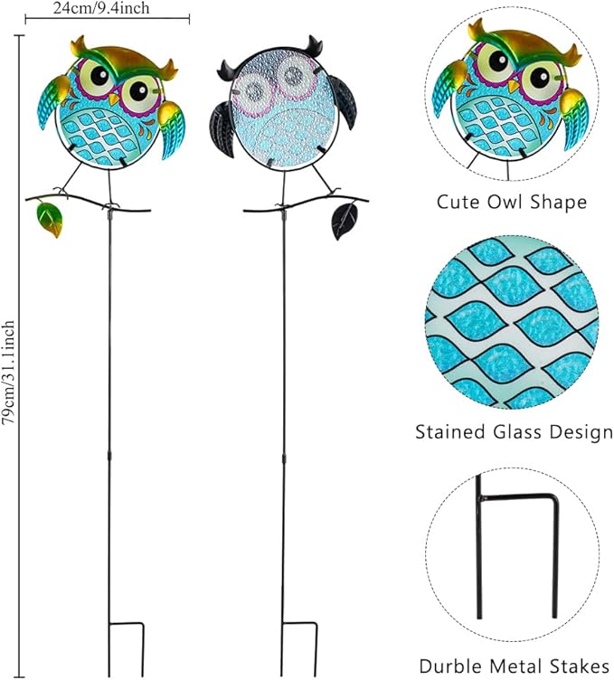 Decorative Garden Stakes,Set of 3 Owl Stained Glass Metal Yard Art Outdoor,Waterproof Spring Garden Stakes Decorative for Lawn Patio Pathway