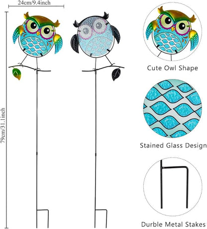 Decorative Garden Stakes,Set of 3 Owl Stained Glass Metal Yard Art Outdoor,Waterproof Spring Garden Stakes Decorative for Lawn Patio Pathway