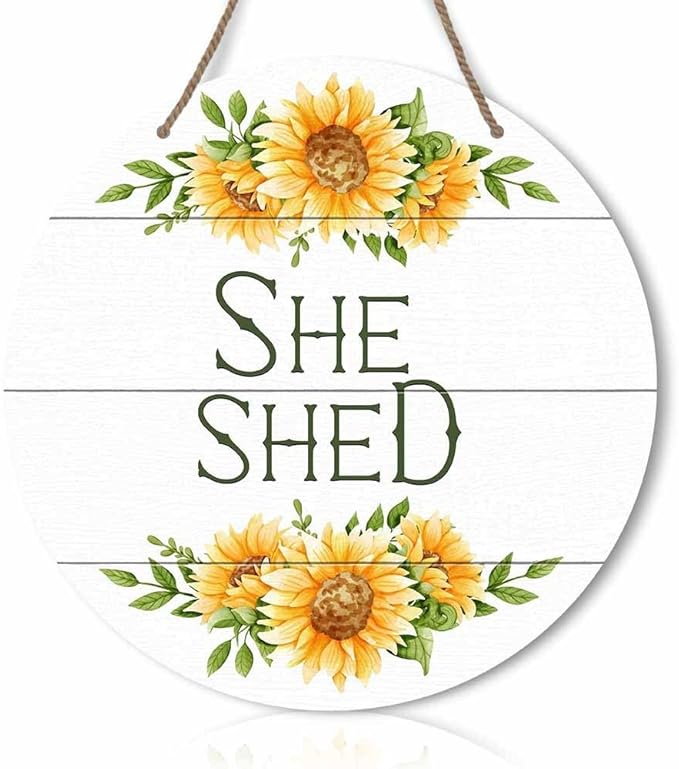 Round Rustic Wood Sign Plaque She Shed Sunflower Vintage Wall Art Sign Cute Wooden Hanging Sign Decor for Home Kitchen Living Room Farmhouse Garden Front Door Entryway Porch Yard 12 Inch