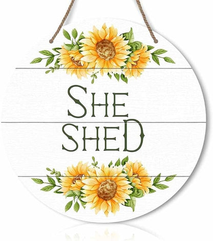 Round Rustic Wood Sign Plaque She Shed Sunflower Vintage Wall Art Sign Cute Wooden Hanging Sign Decor for Home Kitchen Living Room Farmhouse Garden Front Door Entryway Porch Yard 12 Inch