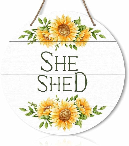 Round Rustic Wood Sign Plaque She Shed Sunflower Vintage Wall Art Sign Cute Wooden Hanging Sign Decor for Home Kitchen Living Room Farmhouse Garden Front Door Entryway Porch Yard 12 Inch