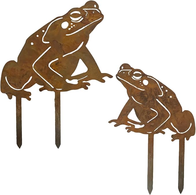 2 Pcs Rusty Frog Decorative Garden Stakes, Metal Yard Decor Metal Statues Garden Sculptures and Yard Art, Patio, Lawn Ornaments