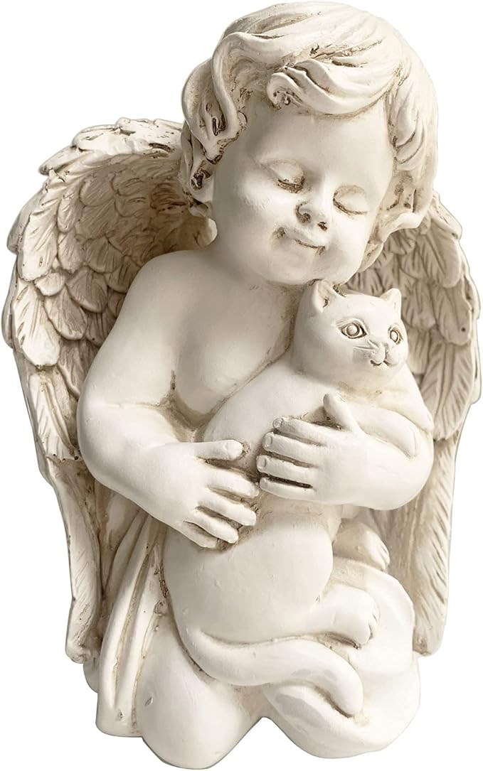 7" Resin Angel with Cat Statue, Pet Cat Memorial Sculpture, Indoor/Outdoor, White