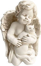 7" Resin Angel with Cat Statue, Pet Cat Memorial Sculpture, Indoor/Outdoor, White
