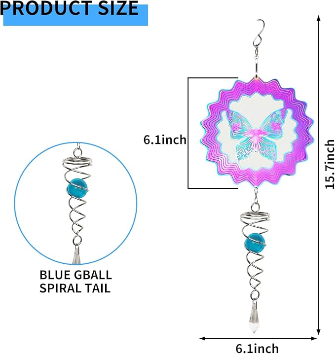Andiker Butterfly Wind Spinner with Tail Spinner, 3D Gradient Color Garden Spinner with Ball Spiral Tail, Metal Hanging Wind Chime for Indoor Outdoor Garden Decoration (Colorful Butterfly)