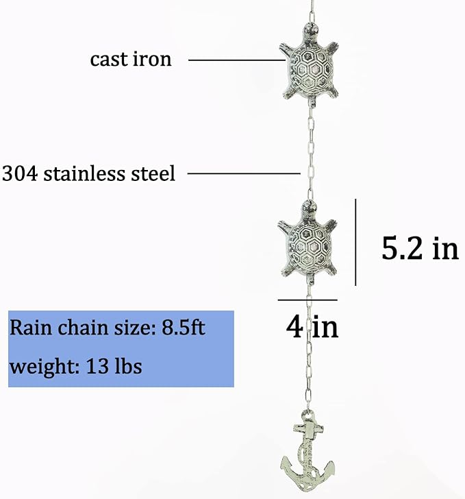 8.5 Feet Heavy Duty Stainless Steel & Cast Iron Turtles Rain Chain for gutters,Green