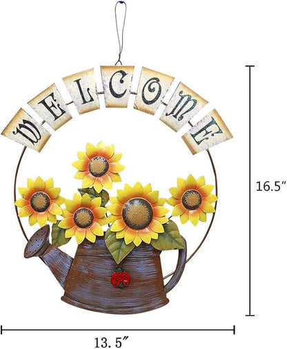 Sunflower Welcome Sign Metal Hanging Welcome Plaque for Wall Front Door - Decorative Flower Yard Signs Spring Wreath Decor for Garden Porch Patio Backyard (C)