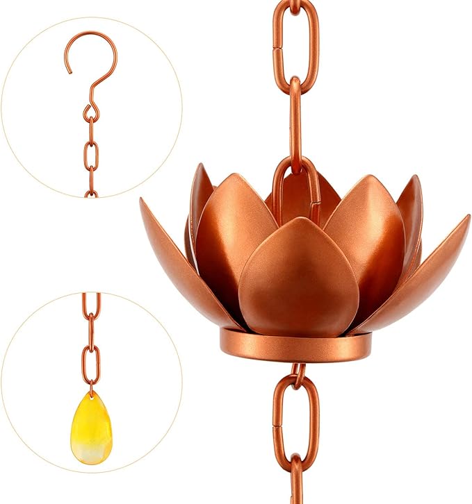 Oak Leaf Rain Chain with Adapter, 8.5ft Adjustable Lotus Rain Catcher Chain for Gutters Outside Downspout, for Divert Water and Home Display, Copper Powder Coated